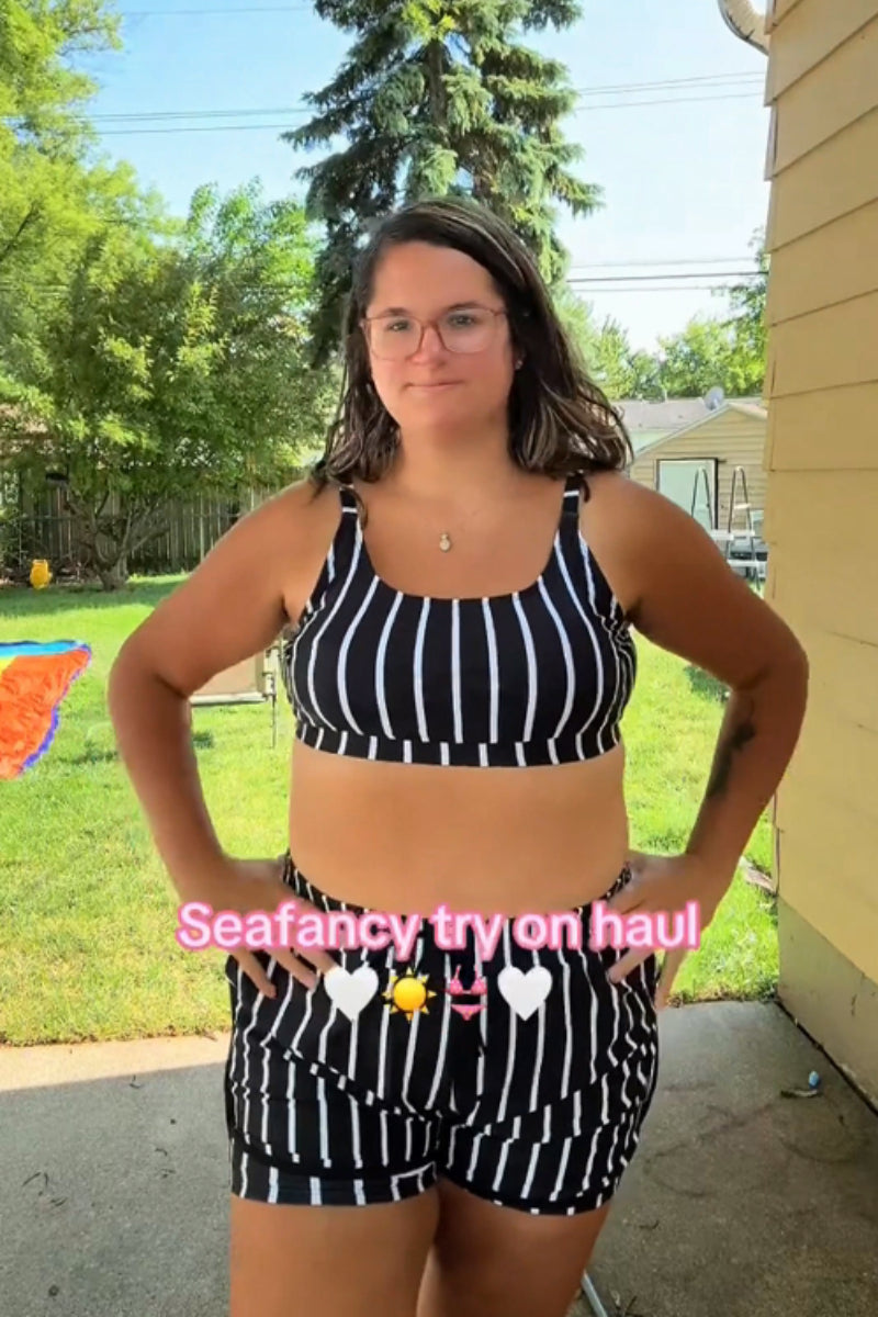 Black Striped Adjustable Straps Timeless Bikini Top with Boy Short Set