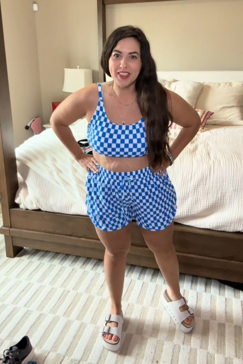 Blue Checked Adjustable Straps Chic Bikini Top with Boy Short Set