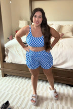 Blue Checked Adjustable Straps Chic Bikini Top with Boy Short Set