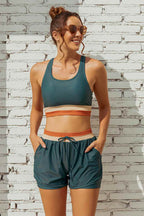 Teal Colorblock Zipper Back Sporty Bikini Top with Boy Short Set