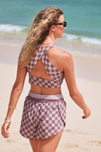 Mauve Checkered High Neck Soft Bikini Top