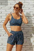 Floral Scoop Neck Stylish Bikini Top with Boy Short Set