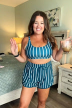 Green Striped Adjustable Straps Chic Bikini Top with Boy Short Set