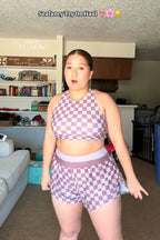 Mauve Checkered High Neck Soft Bikini Top
