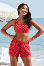 Blue Checked Adjustable Straps Chic Bikini Top with Boy Short Set