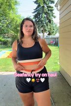 Black Colorblock Zipper Back Sporty Bikini Top with Boy Short Set