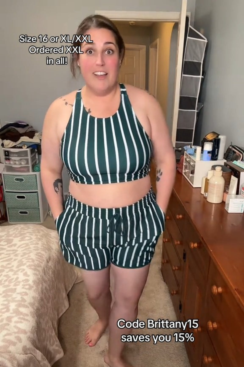 Green Striped Round Neck Sporty Bikini Top with Boy Short Set