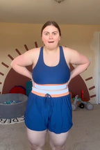 Blue Colorblock Zipper Back Stylish Bikini Top with Boy Short Set