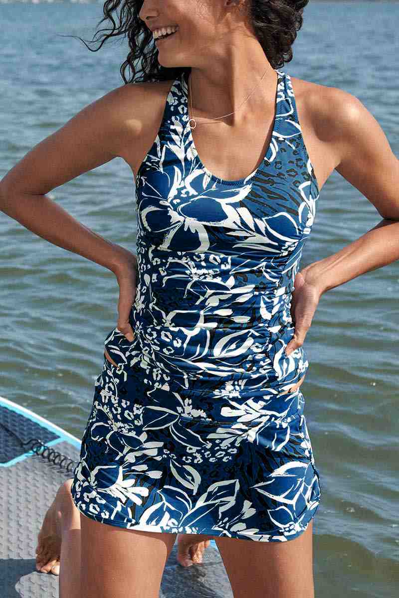 Geometric Racerback Sporty Tankini Top with Skirt Set