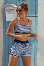 Green Striped Adjustable Straps Chic Bikini Top with Boy Short Set
