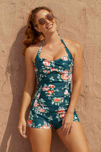 Green Floral Halter Straps Retro One-Piece Swimsuit