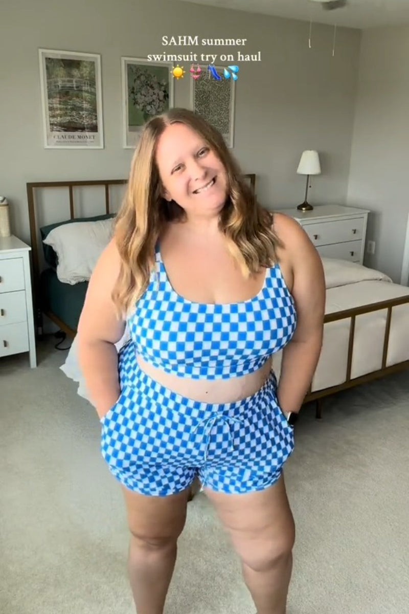 Blue Checked Adjustable Straps Chic Bikini Top with Boy Short Set