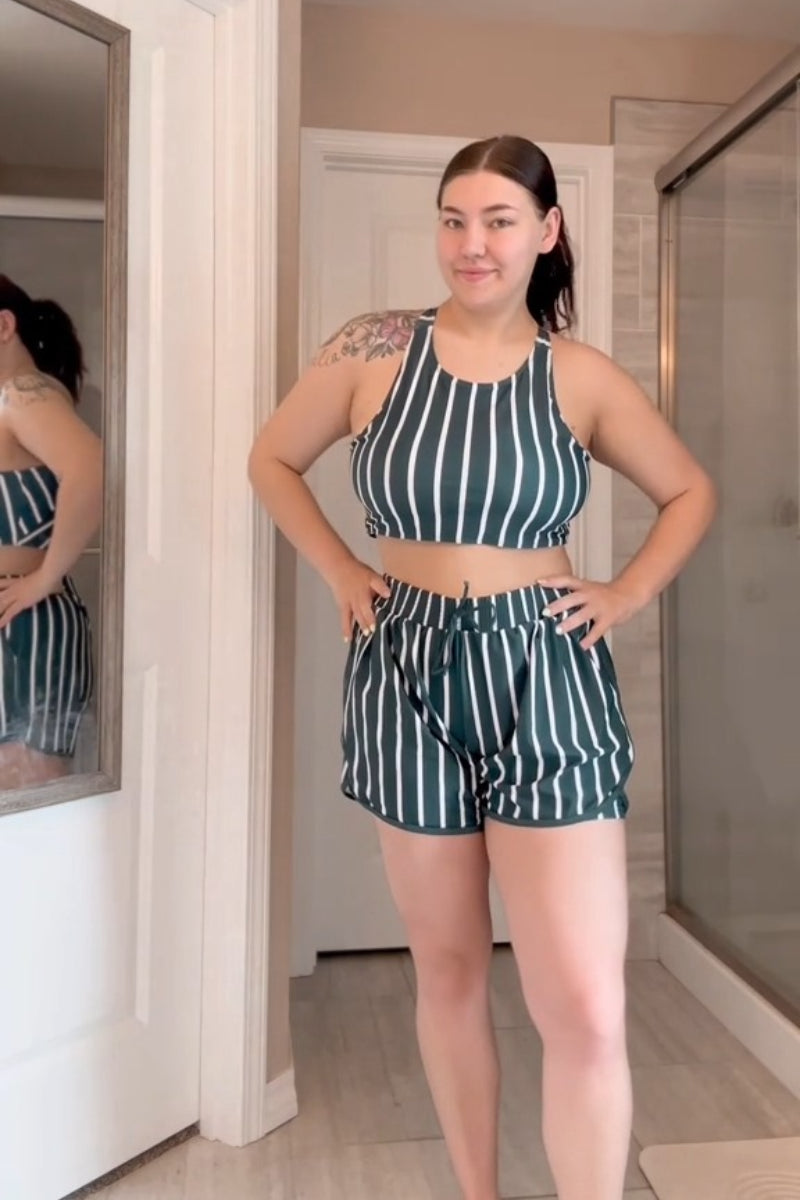 Green Striped Round Neck Sporty Bikini Top with Boy Short Set