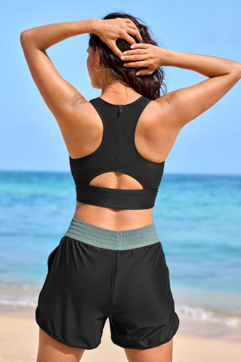Black Colorblock Racerback Sporty Bikini Top