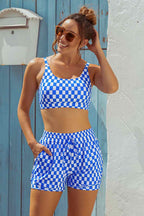 Blue Checked Adjustable Straps Chic Bikini Top with Boy Short Set