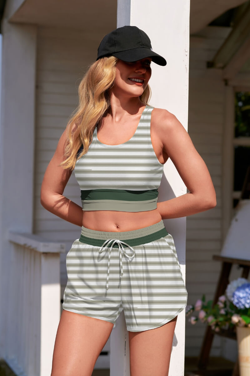 Colorful Striped Zipper Back Stylish Bikini Top with Boy Short Set