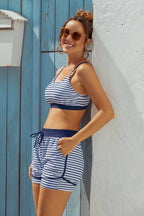 Striped Adjustable Straps Sporty Bikini Top with Boy Short Set