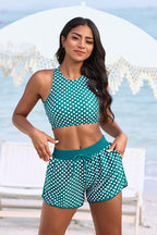 Green Striped Round Neck Sporty Bikini Top with Boy Short Set