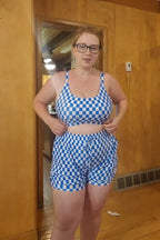 Blue Checked Adjustable Straps Chic Bikini Top with Boy Short Set