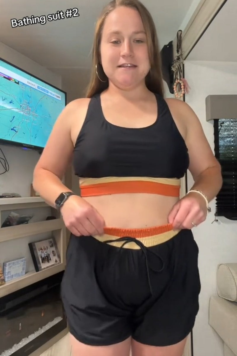 Black Colorblock Zipper Back Sporty Bikini Top with Boy Short Set