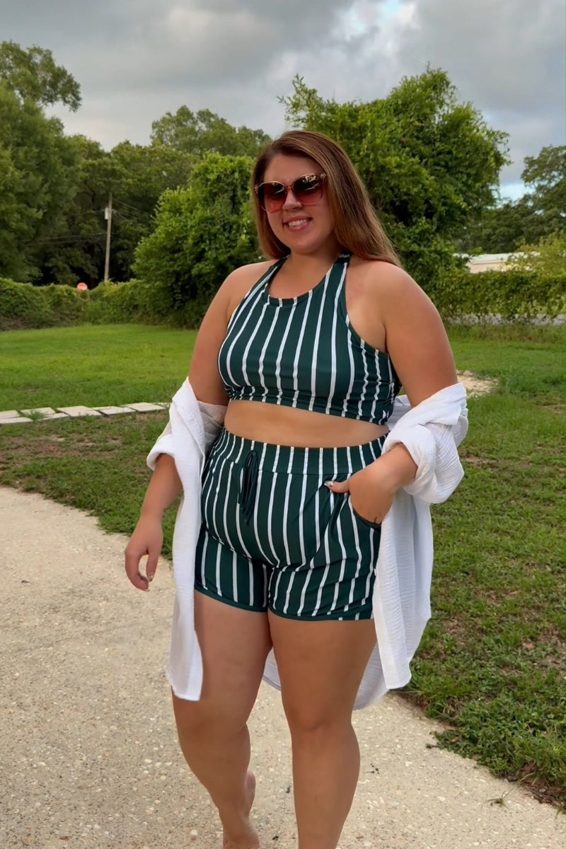 Green Striped Round Neck Sporty Bikini Top with Boy Short Set