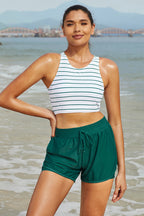 Green Striped Round Neck Sporty Bikini Top with Boy Short Set