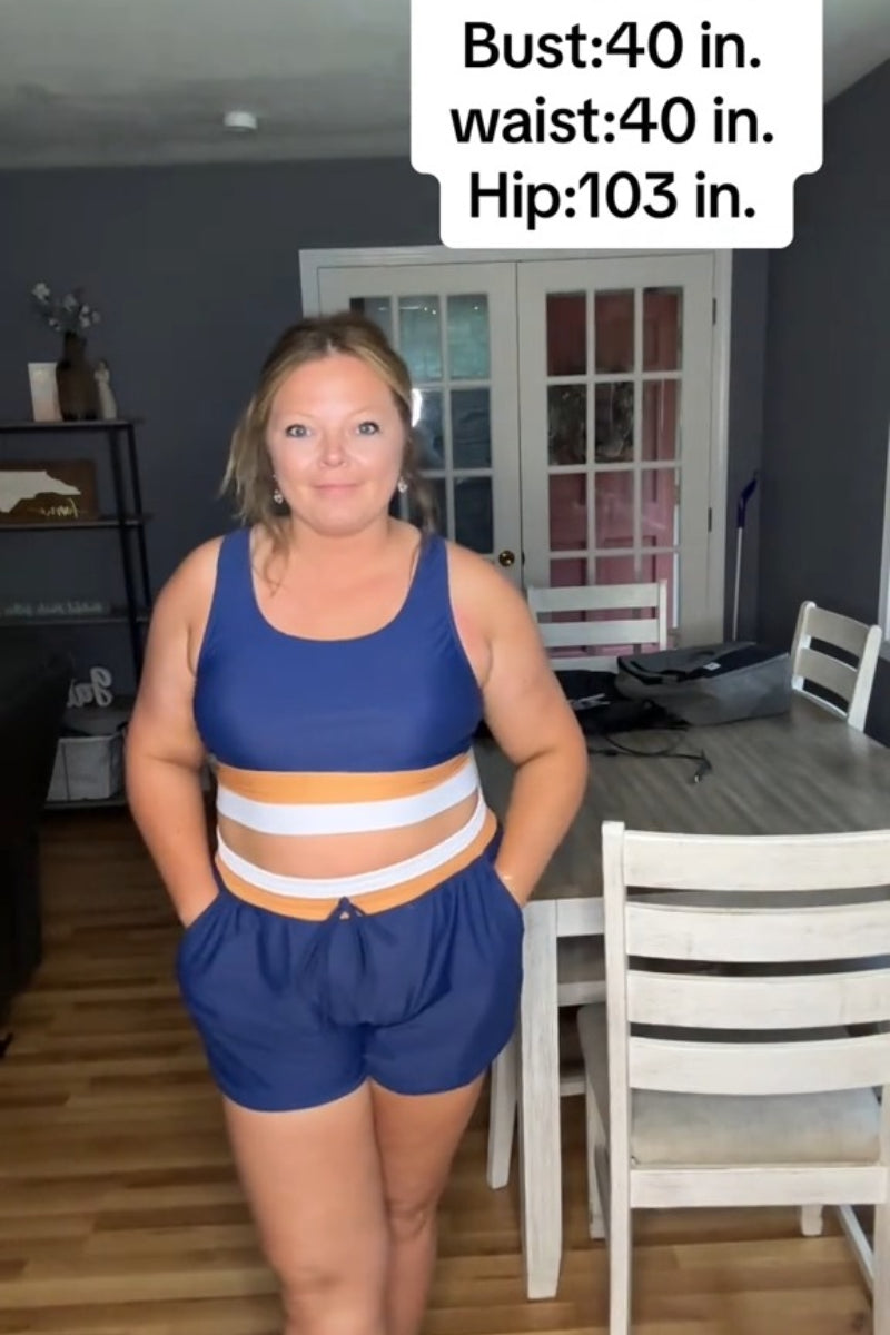 Blue Colorblock Zipper Back Stylish Bikini Top with Boy Short Set