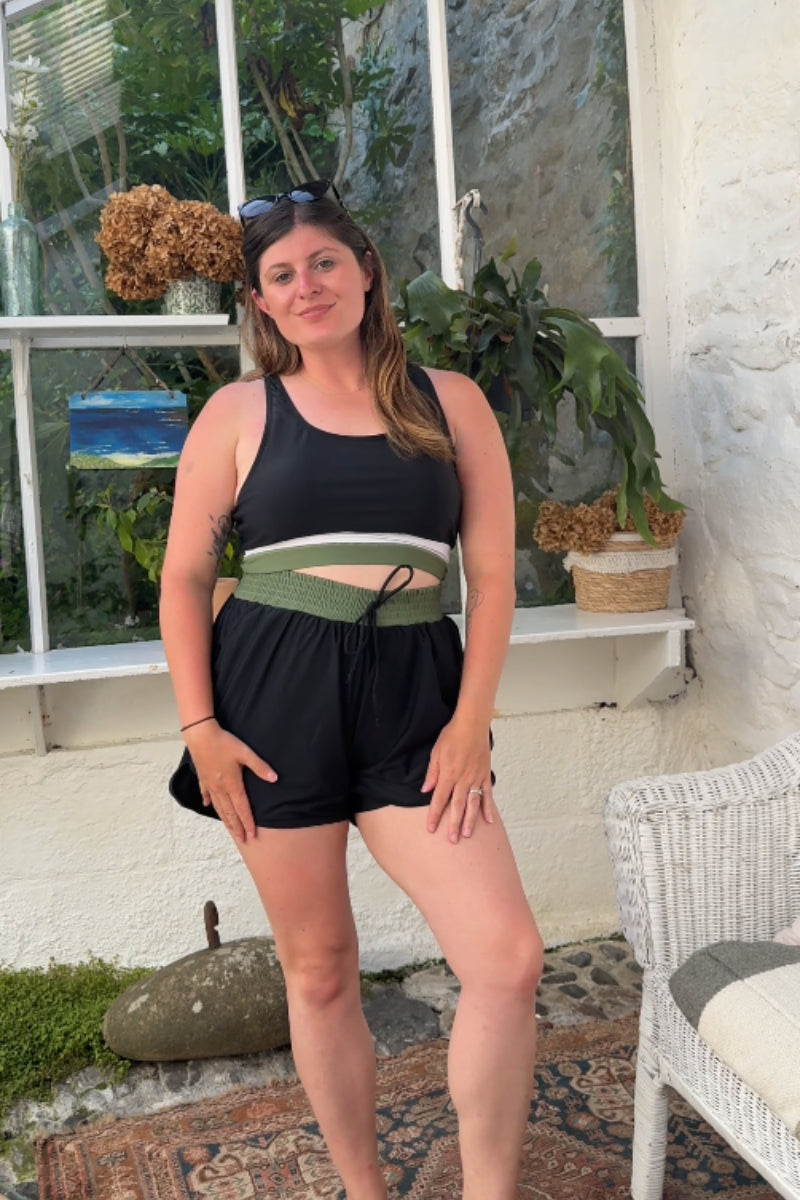 Black Colorblock Racerback Sporty Bikini Top with Boy Short Set