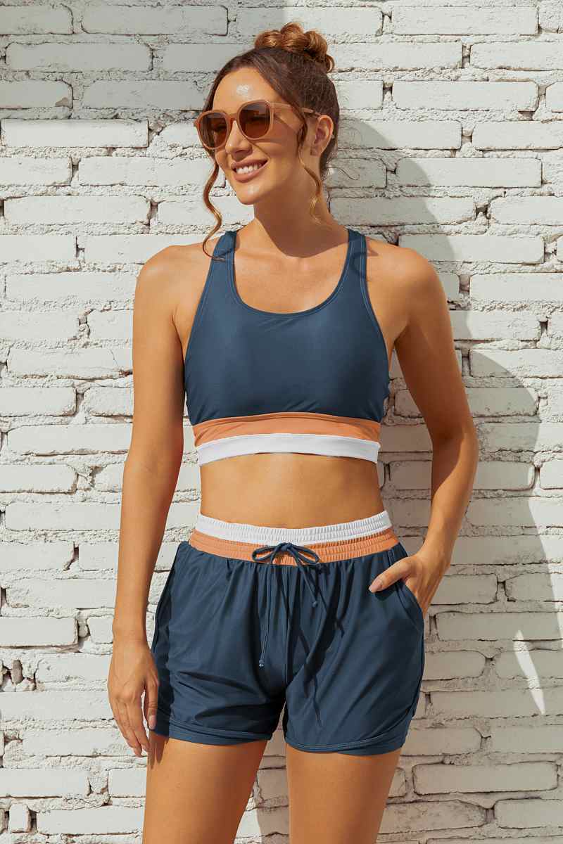 Black Colorblock Racerback Sporty Bikini Top with Boy Short Set