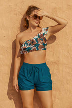 Floral Ruffled One-Shoulder Chic Bikini Top with Boy Short Set