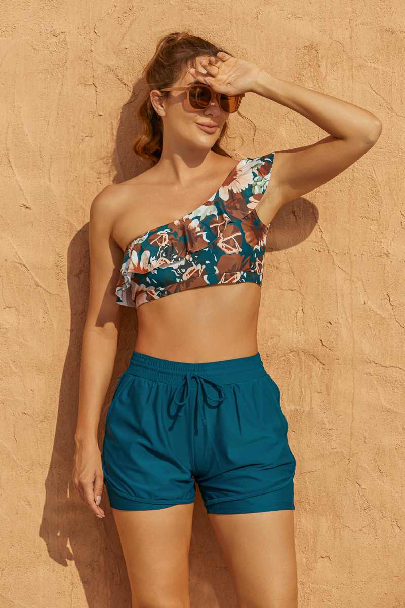 Floral Ruffled One-Shoulder Chic Bikini Top with Boy Short Set