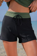 Black Green High Waisted Swim Shorts for Women