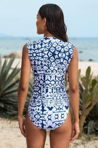 Geometric Shirring High Neck Zip Front One Piece Swimsuit