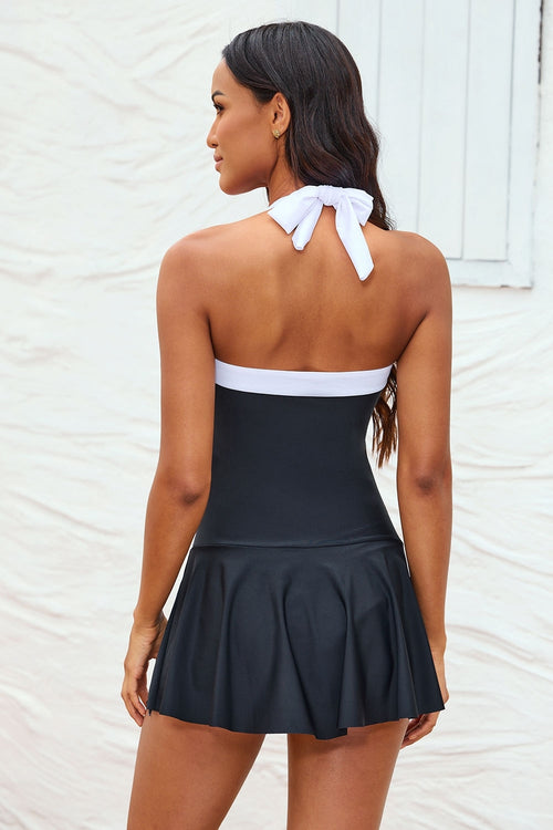 Black Halter Ruffle Ruched One Piece Swimdress