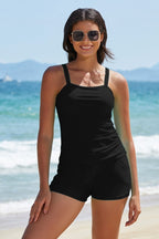 Black Square Neck Tummy Control Tankini Swimsuits with Shorts