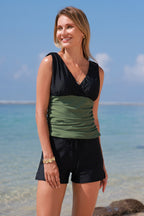 Black Green V-Neck Wide Straps Tankini Swimsuits Top