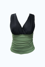 Black Green V-Neck Wide Straps Tankini Swimsuits Top