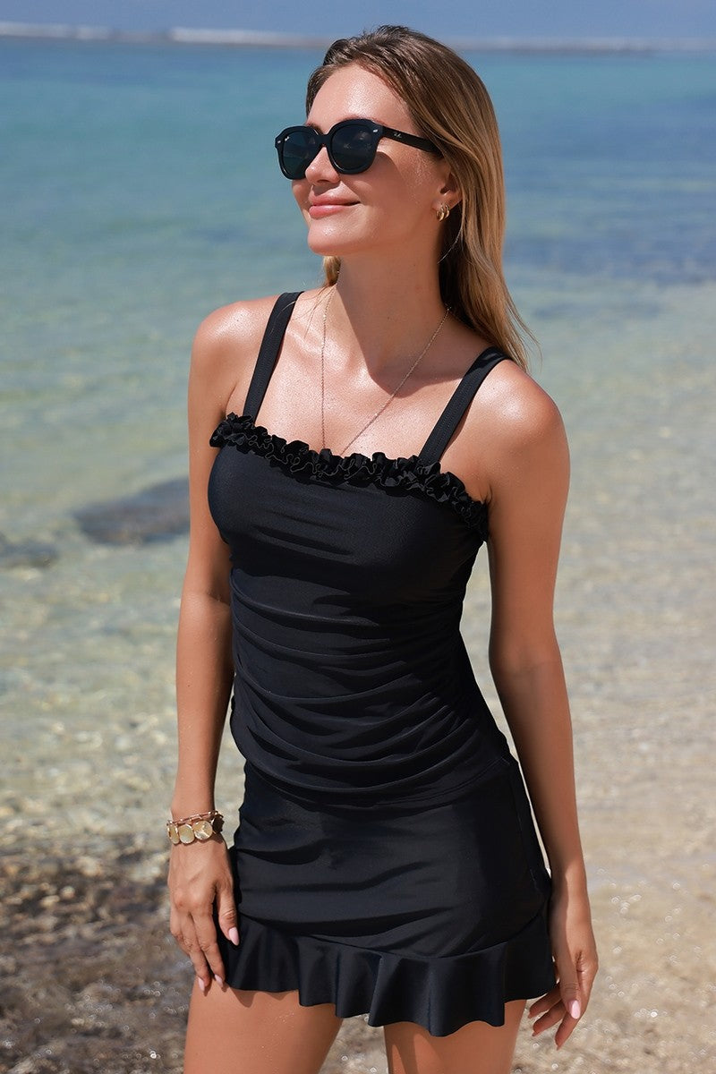Black Square Neck Wide Straps Tankini Top