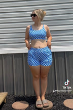 Blue Checked Adjustable Straps Chic Bikini Top with Boy Short Set