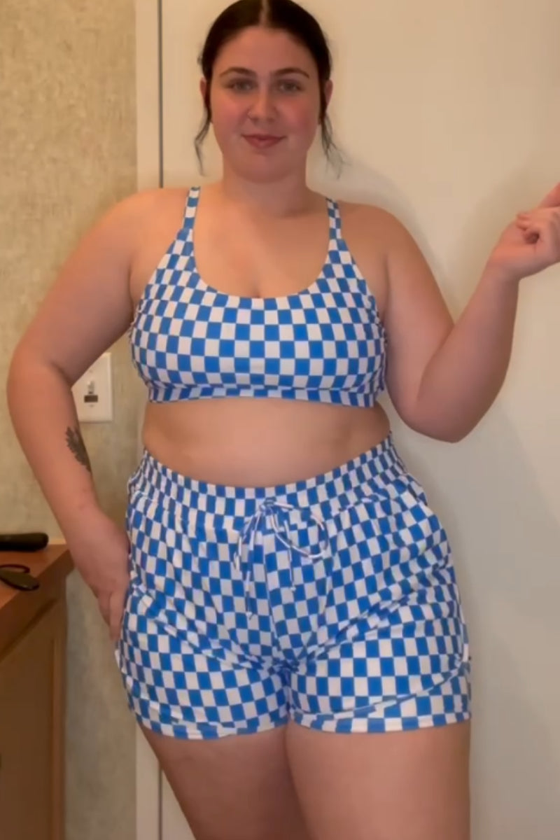 Blue Checked Adjustable Straps Chic Bikini Top with Boy Short Set