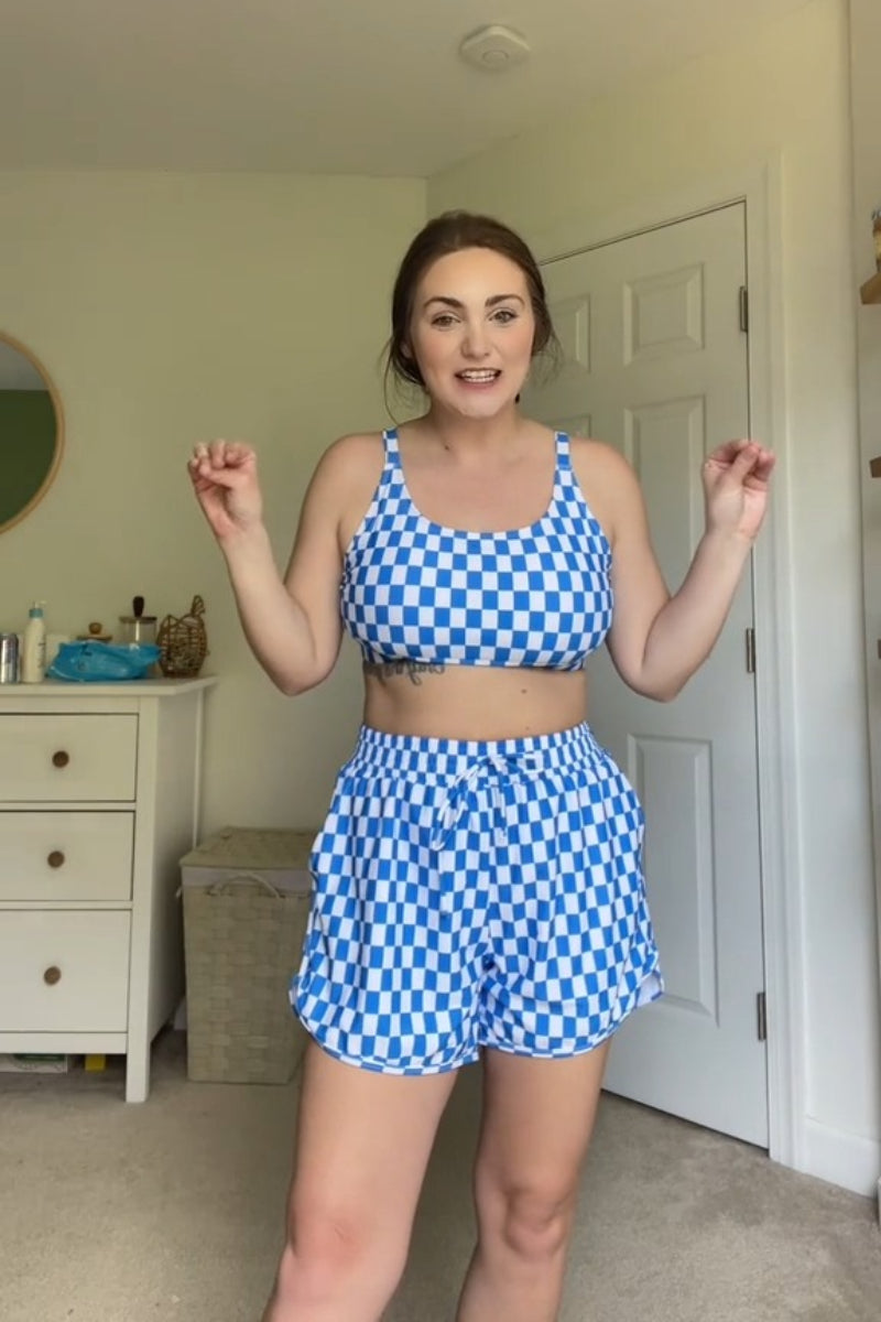 Blue Checked Adjustable Straps Chic Bikini Top with Boy Short Set