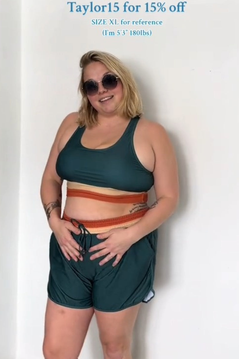 Teal Colorblock Zipper Back Sporty Bikini Top with Boy Short Set