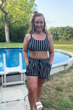 Black Striped Adjustable Straps Timeless Bikini Top with Boy Short Set